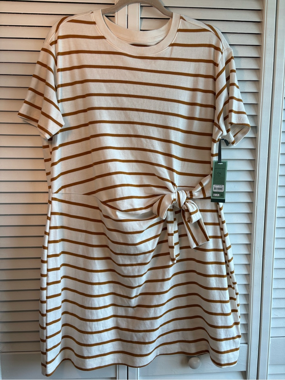 Terra & Sky Cream and Brown Striped Tie-Waist Tee Dress